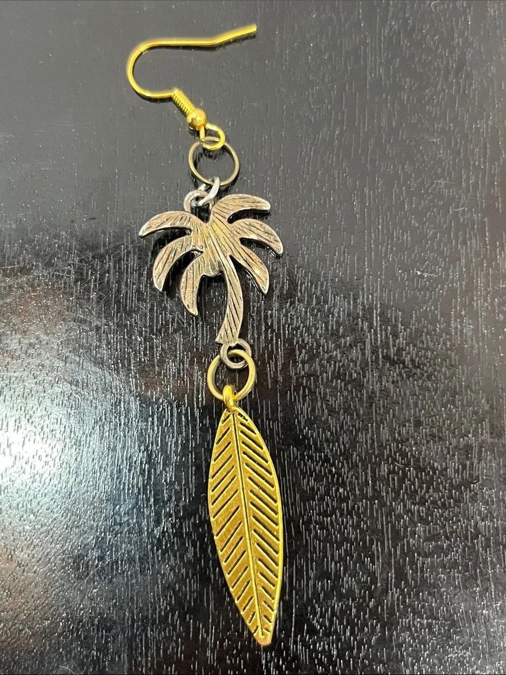 Gold Palm Tree Dangle Earrings with Leaf Charms